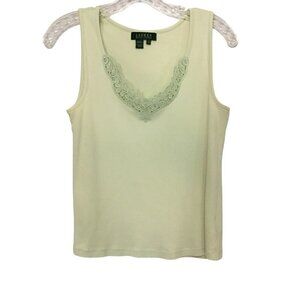 Lauren Ralph Lauren Cotton Tank Top Ribbed With Lace Trim Mint Green Size Medium